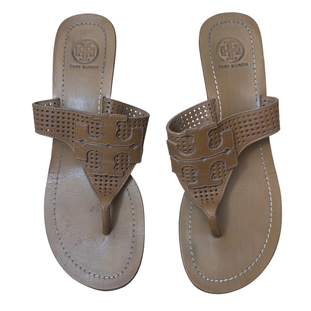 Tory Burch Tan Leather‎ Laser Cut Logo Thong Wedge Sandals Women's